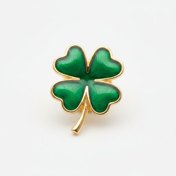 Good Luck Four Leaf Clover Pin Enamel Green Gold Tone St. Patrick's Day Charm - Picture 1 of 6